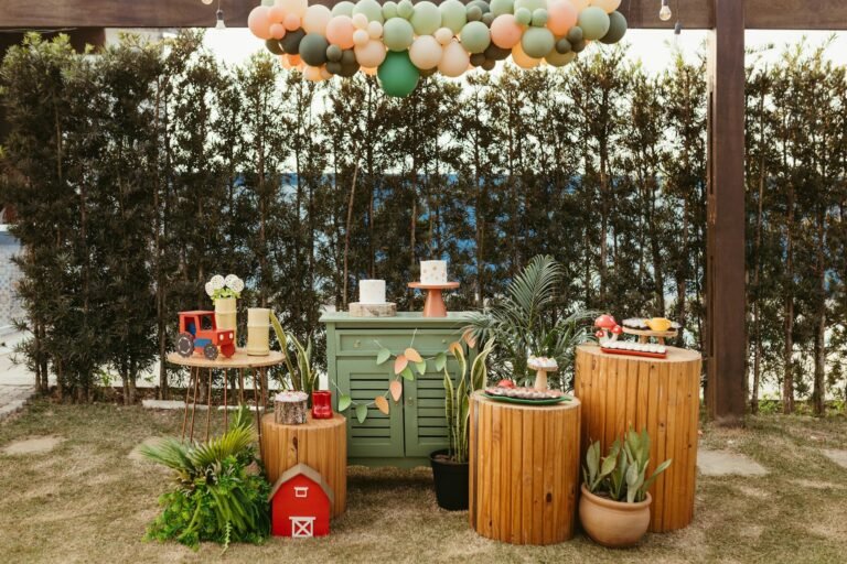 rustic outdoor party decorations with balloons