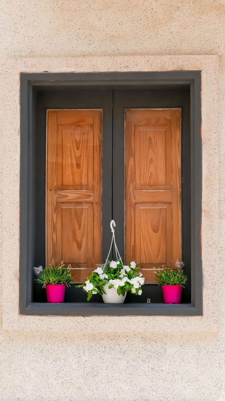 charming window with colorful planters